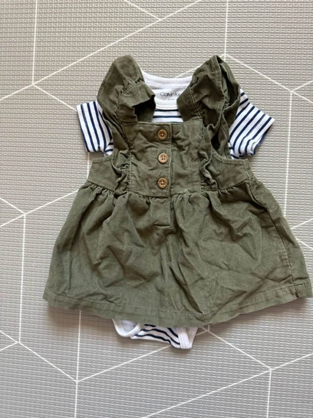 Carters|Baby girl boho set,white Striped Onesie & Olive corduroy pinafore dress•
